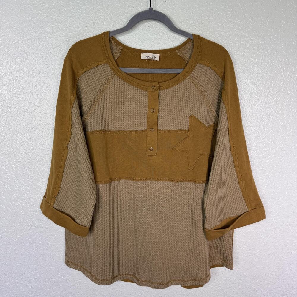 Sage + Fig Top Womens Small Waffle Henley Tunic Star Patch Oversize Tunic Boho
